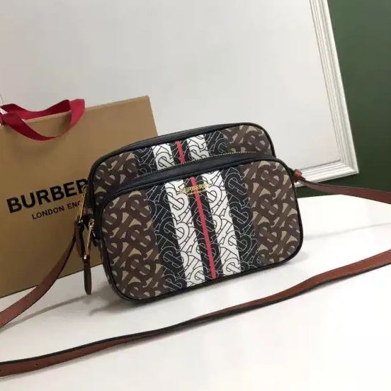 Official First Bag Ru Bag Stripe Camera Medium BURBERRY E-canvas Monogram 0516